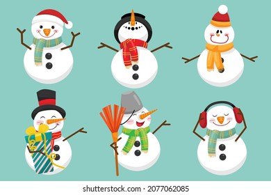 Snowman characters in various poses and scenes. Merry Christmas cutout element Holiday cards, invitations and website  celebration decoration. Flat vector illustration