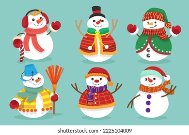 Snowman characters in various poses and scenes. Merry Christmas cutout element Holiday cards, invitations and website  celebration decoration. Flat vector illustration