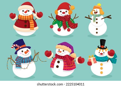 Snowman characters in various poses and scenes. Merry Christmas cutout element Holiday cards, invitations and website  celebration decoration. Flat vector illustration