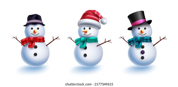 Juego de vectores de caracteres Snowman. Nochebuena, hombre de nieve 3d personaje en bonitas bolas de hielo con expresiones amigables para la colección de diseño de navidad. Ilustración vectorial.
