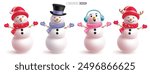 Snowman characters vector set design. Christmas snow man character wearing headphone, santa, magician and reindeer hat in funny, happy and smiling face collection. Vector illustration ice mascot 