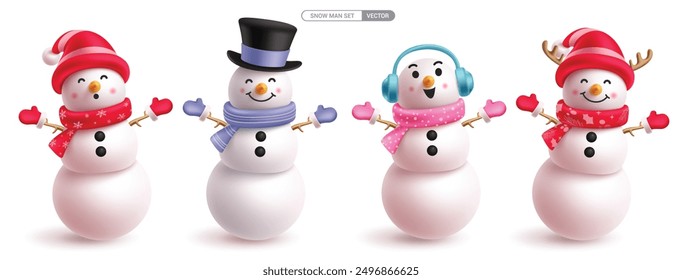 Snowman characters vector set design. Christmas snow man character wearing headphone, santa, magician and reindeer hat in funny, happy and smiling face collection. Vector illustration ice mascot 