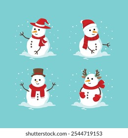 Snowman characters vector set design. Cute snowmen set. Winter characters in scarf and hat. Christmas stickers collection.