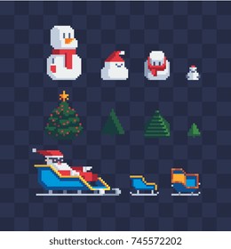 snowman characters, xmas trees set and santa in sleigh, pixel art style, isolated vector illustration.