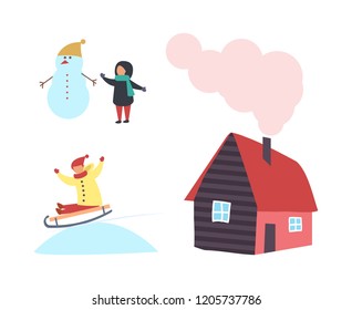 Snowman and child, cottage house with chimney, boy sledding in snow vector isolated icons. Cartoon winter characters, children in warm cloth outdoors