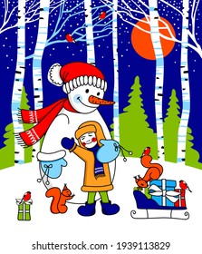 A snowman and a child in the winter forest on New Year's Eve enjoy the holiday surrounded by forest dwellers and gifts.