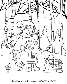 A snowman and a child in the winter forest on New Year's Eve are enjoying the holiday, surrounded by forest dwellers and gifts. Coloring.
