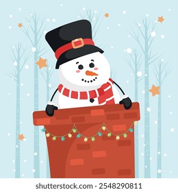 Snowman in chimney with festive scarf, Vector