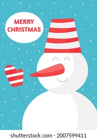 Snowman Christmas card. Cute winter character. Design template for New Year cards, wrapping a sweet gift. Festive poster, playbill, flyer. Vector illustration, flat