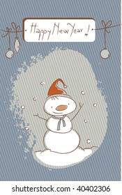 snowman christmas card, vector cartoon illustration