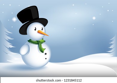 Snowman christmas card vector isolated on blue background. Christmas card for web site, backdrop and wallpaper. Snowman for greeting card, email greetings and cover. Vector illustration