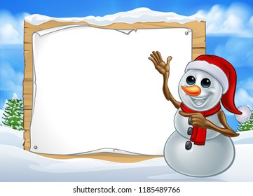 A snowman Christmas cartoon character wearing a Santa hat in a winter scene pointing at a sign
