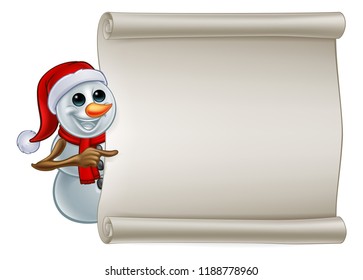 A snowman Christmas cartoon character wearing a Santa hat pointing at a scroll banner sign