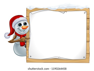 A snowman Christmas cartoon character wearing a Santa Claus hat and pointing at a sign