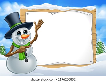 A snowman Christmas cartoon character wearing a top hat in a winter scene pointing at a sign