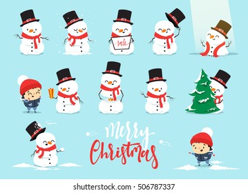 Snowman Christmas, character cartoon cute white snowman attributes of xmas. 