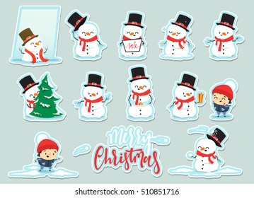 Snowman Christmas, character cartoon cute white snowman attributes of Christmas. Set Christmas characters snowman with a little boy