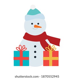 snowman christmas character with gifts presents vector illustration design