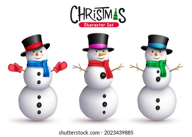 Snowman christmas character vector set. Snow man christmas 3d characters standing with scarf, hat and twig elements for xmas and winter graphic design collection. Vector illustration
