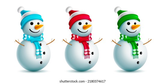 Snowman christmas character vector set. Snow man 3d characters with cute and kids friendly faces in colorful scarf and hat for xmas collection design. Vector illustration.
