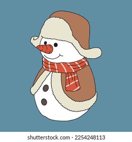 snowman christmas character with warm fur cape with fur ear flaps, ushanka-hat isolated on blue background - Vector illustration