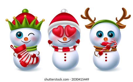 Snowman christmas characters vector set. Snow man cute character in inlove facial expression and eating candy cane gesture for 3d xmas winter collection element design. Vector illustration.
