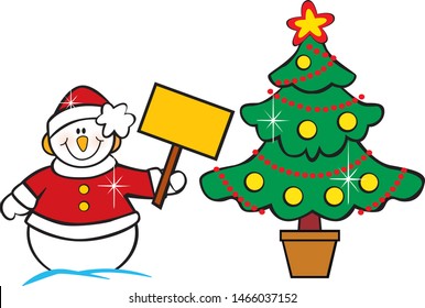 

a snowman with christmas clothes in vector, with a sign in his hand and a christmas tree