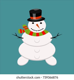 Snowman christmas cold winter hat xmas card holiday celebration vector illustration. Cute happy greeting snowy man in scarf decoration nature frost smile snowflake.