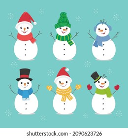 Snowman Christmas collection. Funny characters dressed in hats, scarves and mittens.