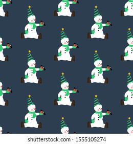 Snowman in christmas costume seamless pattern on the blue background. Vector illustration