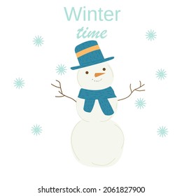 Snowman. Christmas cute winter snowman in new year scarve and hat. Northern cartoon character. Stock vector illustration on a white background.