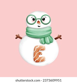 Snowman christmas with E text watercolor elements. Holidays clipart for christmas