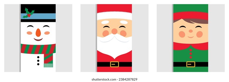 Snowman, Christmas elf, and Santa Claus in a flat design. Vector illustration, Christmas character greeting template design for label, tag, bookmark, card, and print
