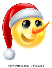 A snowman Christmas emoticon Emoji wearing a Santa hat