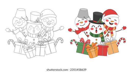 Snowman with Christmas gift, Christmas theme line art doodle cartoon illustration, Coloring book for kids, Merry Christmas.