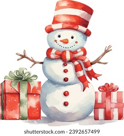snowman with christmas giftbox watercolor vector illustration,Winter sale
