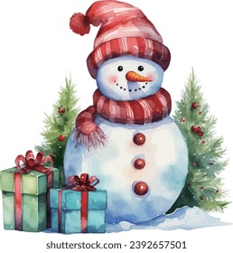 snowman with christmas giftbox watercolor vector illustration