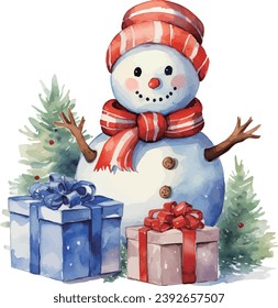 snowman with christmas giftbox watercolor vector illustration