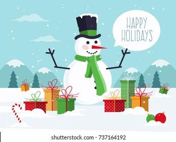 Snowman with Christmas Gifts. Flat Design Style. 