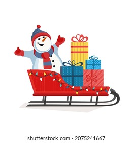 Snowman and Christmas gifts in Santa sleigh icon. Christmas Sleigh, presents cute snowman cartoon design element. Santa Claus sleigh with presents for Christmas winter season holidays sale background