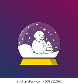 Snowman in Christmas globe with snow. Flat design vector illustration.