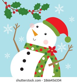 snowman christmas greeting card with holly leaf design