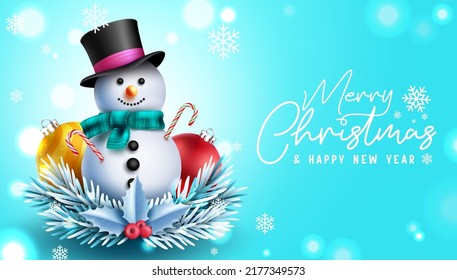 Las navidades de los hombres de nieve saludan el diseño vectorial. Texto de tipografía de navidad con personaje de hombre de nieve, bolas de navidad y elementos de mistletoe para mensajes de temporada navideña. Ilustración vectorial.

