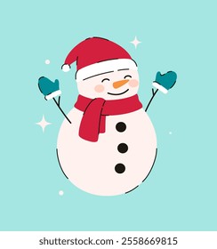 Snowman in a Christmas hat. Flat vector illustration.