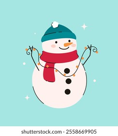 Snowman in a Christmas hat with a garland. Flat vector illustration.