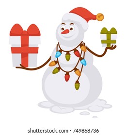 Snowman in Christmas hat and garland with lights