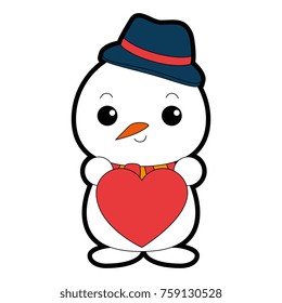 snowman with christmas hat and heart kawaii character