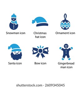 Snowman, Christmas hat, Ornament, Santa, Bow, Gingerbread man, Blue Icon Set