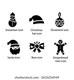 Snowman, Christmas hat, Ornament, Santa, Bow, Gingerbread man, Black Icon Set