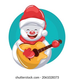 snowman with christmas hat playing a little guitar